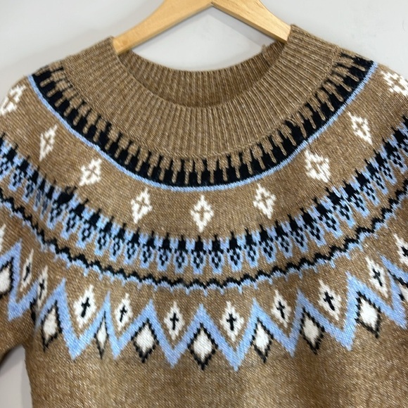 Rickis Fair Isle Pattern Mock Neck Sweater Camel Tan Blue Wool Blend Size L - Picture 3 of 11
